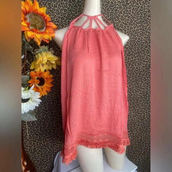 🌴3/$30🌴DOE & RAE Crabapple Halter Mock Neck Embroidered/Fringe Cami Tank Top - Picture 3 of 9